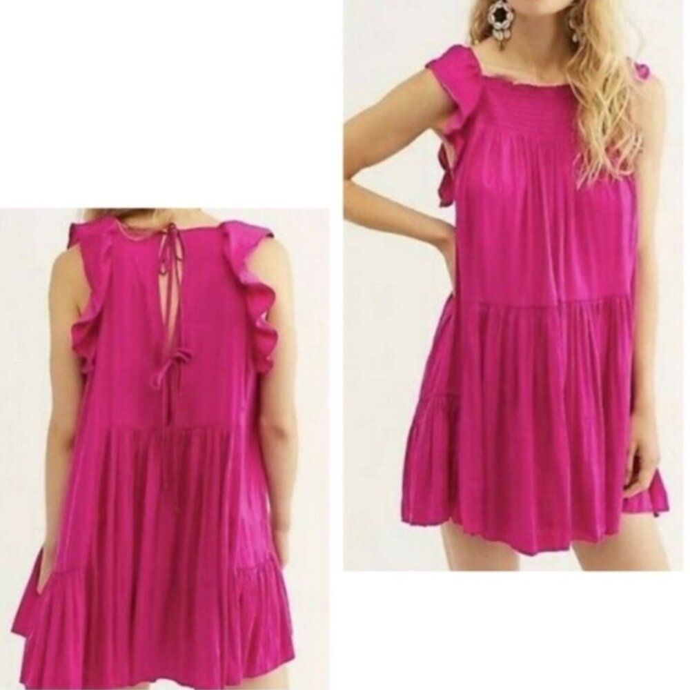 NWT Free People Boho Want Your Love Mini Shift Doll Dress Deep Orchid Tie Back